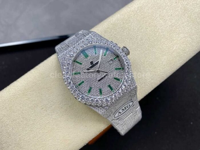 AMG Factory Audemars Piguet Royal Oak Selfwinding 15400 41mm Full Diamond&Steel，Green Diamond Baguette Dial - Image 4