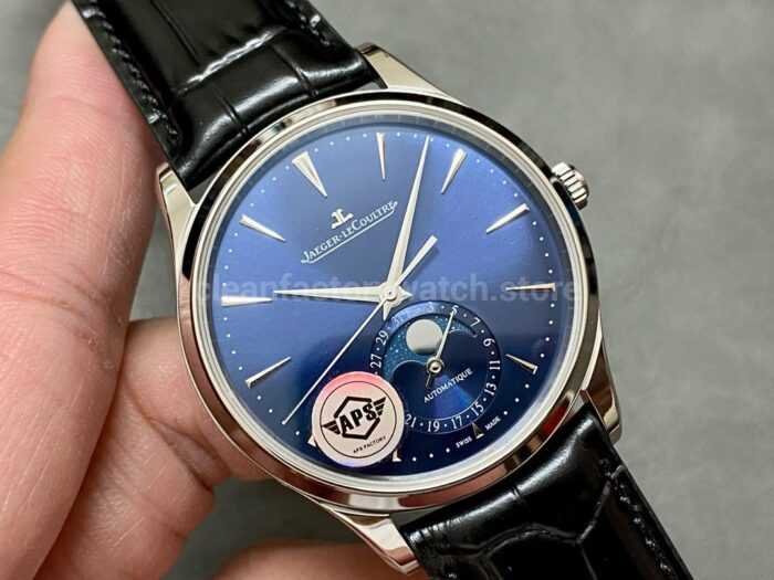 APS Factory Jaeger LeCoultre Moon Phase Master Q1368480 39mm Steel Leather Strap Blue Dial 7 Super Clone Watch,Clean Factory Watch
