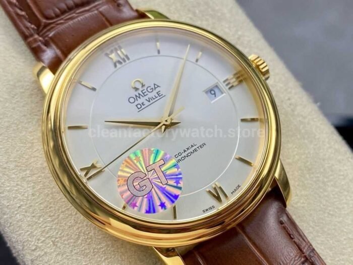 GT Factory Omega De Ville Prestige 424.53.40.20.02.002 39.5mm Gold Leather Strap Gold Roman Number 4 Super Clone Watch,Clean Factory Watch