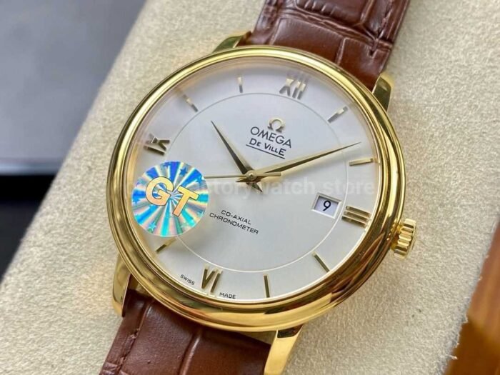 GT Factory Omega De Ville Prestige 424.53.40.20.02.002 39.5mm Gold Leather Strap Gold Roman Number Super Clone Watch,Clean Factory Watch