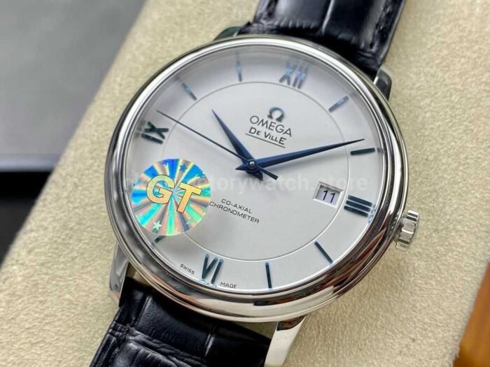 GT Factory Omega De Ville Prestige 424.53.40.20.04.001 39.5mm Steel Leather Strap Blue Roman Number Silver Dial - Image 3