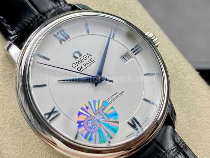 GT Factory Omega De Ville Prestige 424.53.40.20.04.001 39.5mm Steel Leather Strap Blue Roman Number Silver Dial - Image 2
