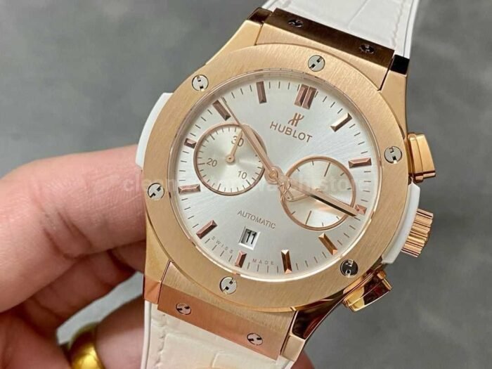 HB Factory Hublot Classic Fusion Chronograph 45mm Rose Gold Leather Strap White Dial - Image 3