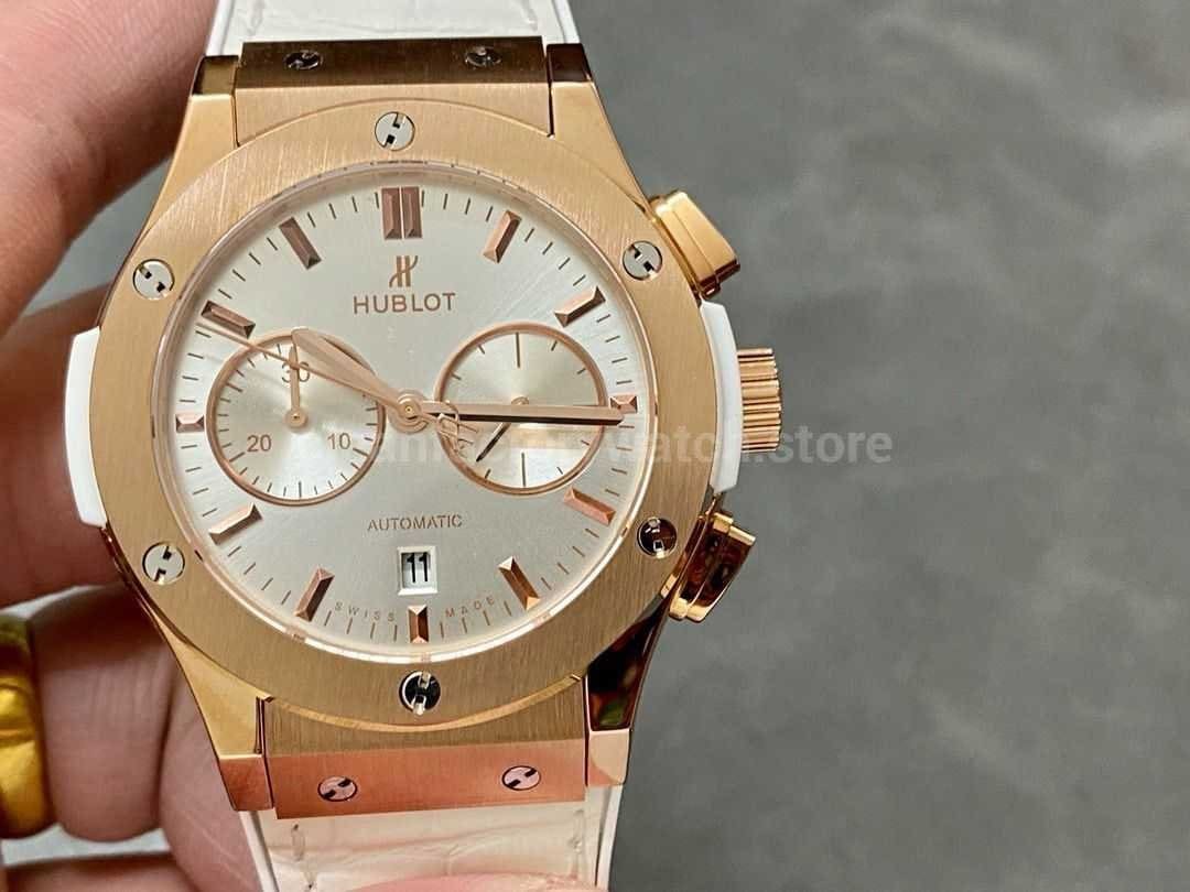 HB Factory Hublot Classic Fusion Chronograph 45mm Rose Gold Leather Strap White Dial
