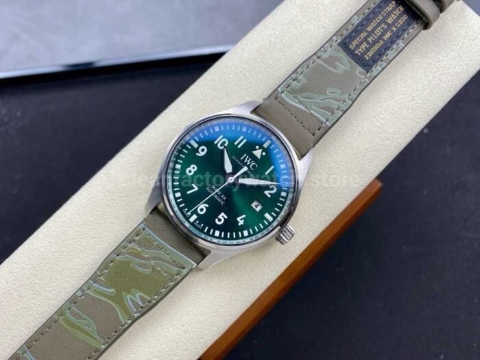 MFactory IWC Pilot Mark IW328205 40mm Steel Brown Leather Strap Arabic Numerals Green Dial 5 Super Clone Watch,Clean Factory Watch