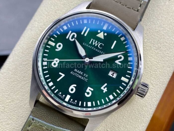 MFactory IWC Pilot Mark IW328205 40mm Steel Brown Leather Strap Arabic Numerals Green Dial 6 Super Clone Watch,Clean Factory Watch
