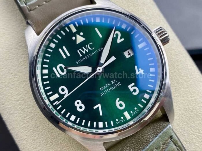 MFactory IWC Pilot Mark IW328205 40mm Steel Brown Leather Strap Arabic Numerals Green Dial 7 Super Clone Watch,Clean Factory Watch