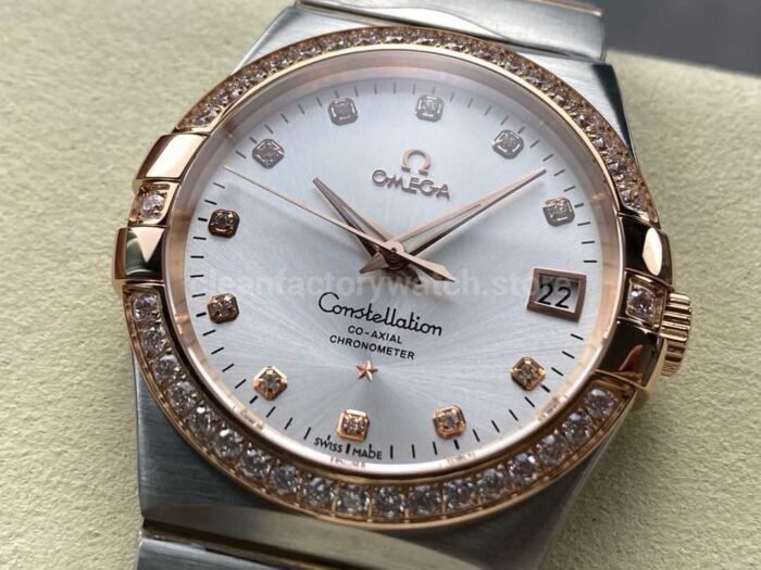 OM+ Factory Omega Constellation Men 123.25.38.21.52.001 38mm Diamond Bezel Rose Gold/Steel Diamond Silver Dial - Image 3