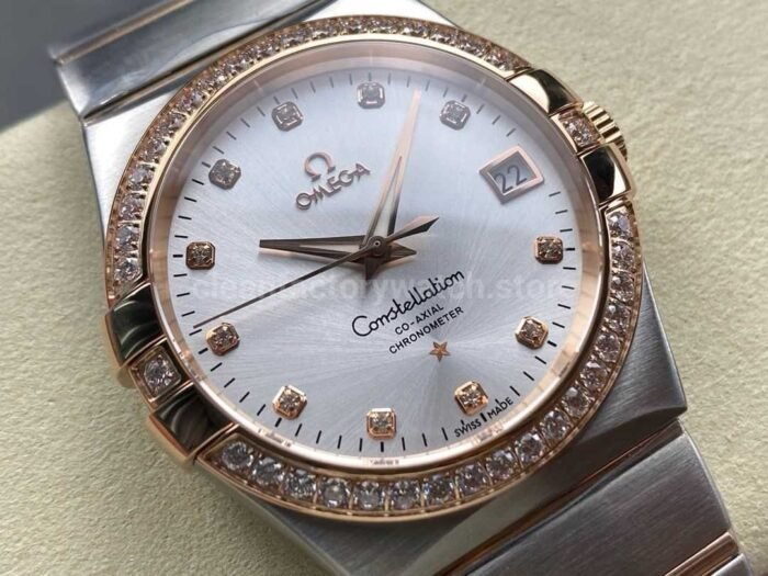 OM+ Factory Omega Constellation Men 123.25.38.21.52.001 38mm Diamond Bezel Rose Gold/Steel Diamond Silver Dial - Image 2