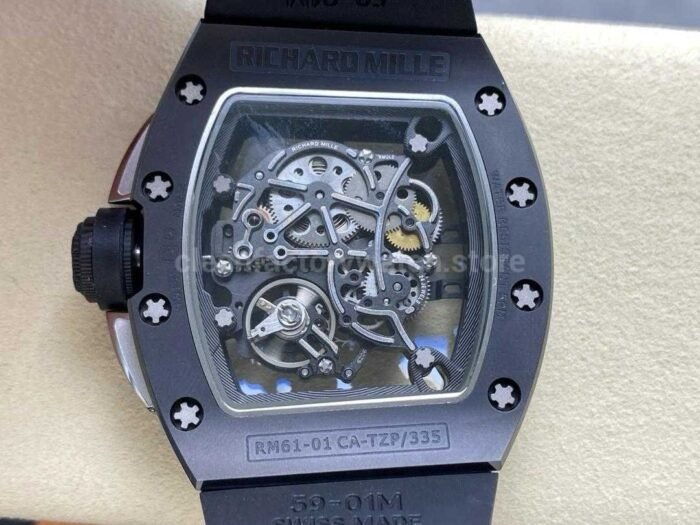 RM Factory Richard Mille RM61 01 42.7mm Carbon Fiber Black Rubber Strap Silver Skeleton Dial 6 Super Clone Watch,Clean Factory Watch