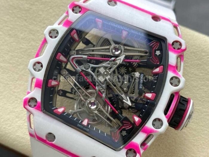 RM Factory Tourbillon Richard Mille RM 38 02 43mm Carbon Fiber White Rubber Strap Tourbillon Skeletonized Dial 5 Super Clone Watch,Clean Factory Watch