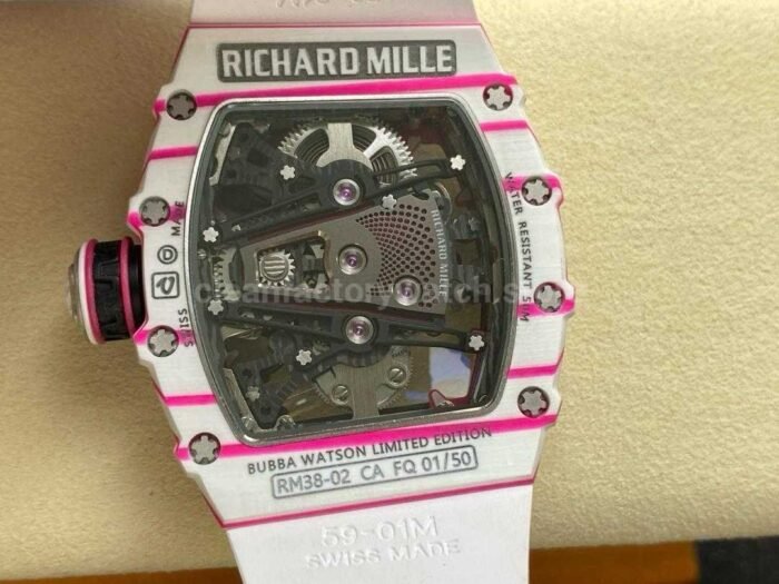 RM Factory Tourbillon Richard Mille RM 38 02 43mm Carbon Fiber White Rubber Strap Tourbillon Skeletonized Dial 7 Super Clone Watch,Clean Factory Watch