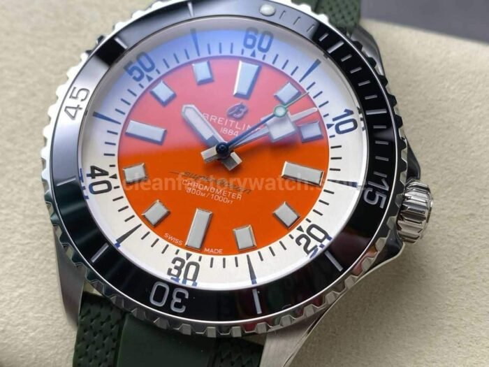 TF Factory Breitling Superocean A173751A1O1S1 44mm Black Bezel Steel Green Rubber Strap Orange Dial - Image 3