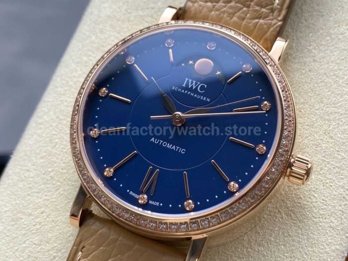 TW Factory IWC Portofino Midsize Automatic Moonphase IW459006 37.1mm Rose Gold Leather Strap Blue Dial 1 Super Clone Watch,Clean Factory Watch