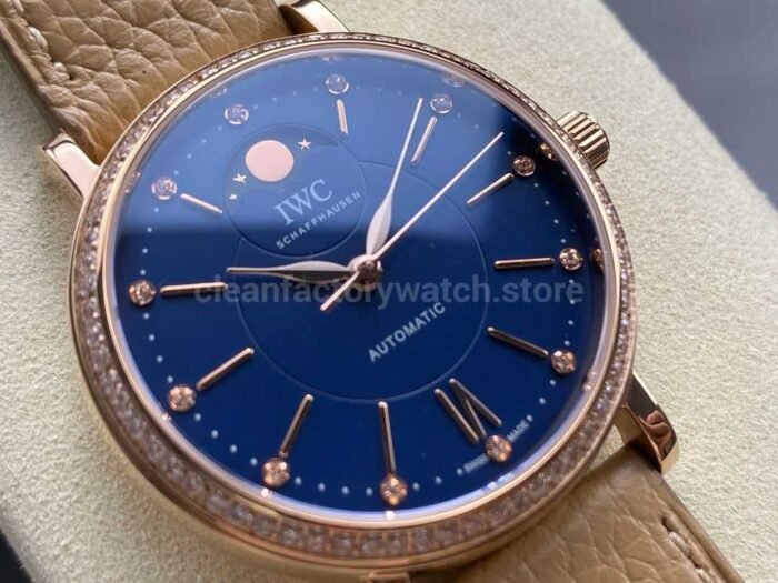 TW Factory IWC Portofino Midsize Automatic Moonphase IW459006 37.1mm Rose Gold Leather Strap Blue Dial 4 Super Clone Watch,Clean Factory Watch