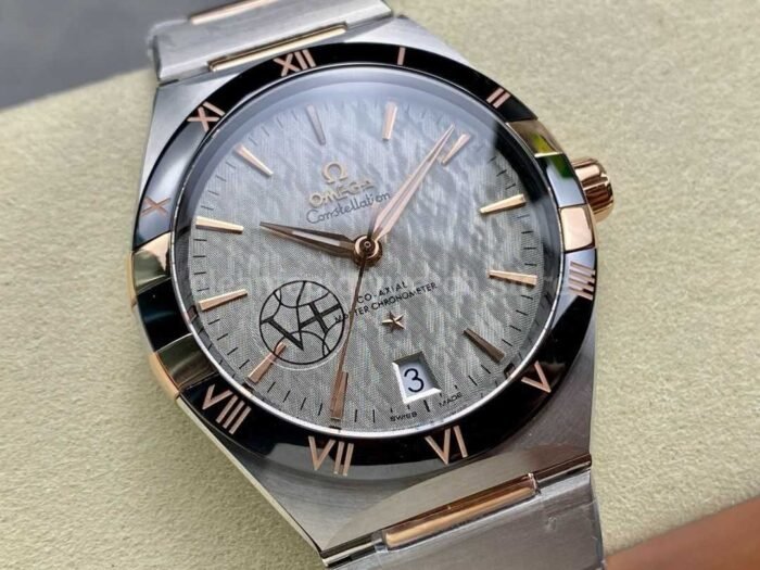 V Factory Omega Constellation 131.23.41.21.06.001 41mm Black Ceramic Bezel Half Rose GoldSteel Grey Super Clone Watch,Clean Factory Watch