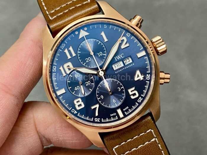 ZF Factory IWC Pilot Chronograph IW377721 43mm Rose Gold Leather Strap Blue Arabic Numerals Dial 3 Super Clone Watch,Clean Factory Watch