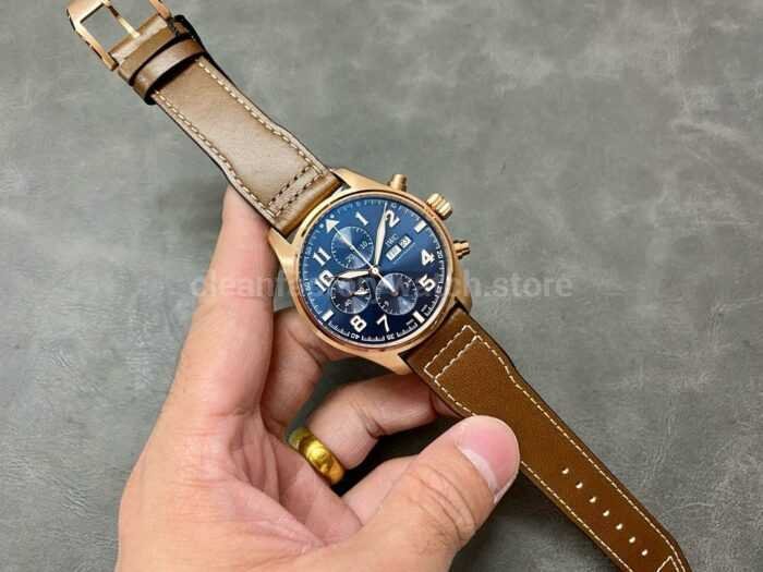ZF Factory IWC Pilot Chronograph IW377721 43mm Rose Gold Leather Strap Blue Arabic Numerals Dial 8 Super Clone Watch,Clean Factory Watch
