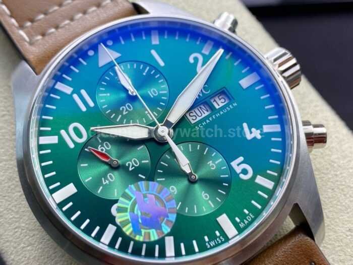 ZF Factory IWC Pilot Chronograph IW377726 43mm Steel Leather Strap Arabic Numerals Green Dial 2 Super Clone Watch,Clean Factory Watch