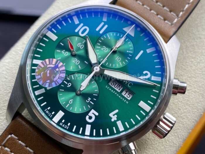 ZF Factory IWC Pilot Chronograph IW377726 43mm Steel Leather Strap Arabic Numerals Green Dial 3 Super Clone Watch,Clean Factory Watch