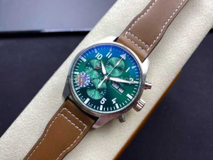 ZF Factory IWC Pilot Chronograph IW377726 43mm Steel Leather Strap Arabic Numerals Green Dial 4 Super Clone Watch,Clean Factory Watch