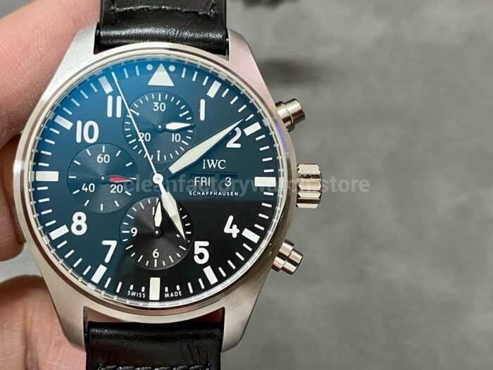 ZF Factory IWC Pilot Chronograph IW388111 43mm Steel Leather Strap Black Arabic Numerals Dial 1 Super Clone Watch,Clean Factory Watch