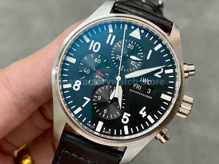 ZF Factory IWC Pilot Chronograph IW388111 43mm Steel Leather Strap Black Arabic Numerals Dial 4 Super Clone Watch,Clean Factory Watch