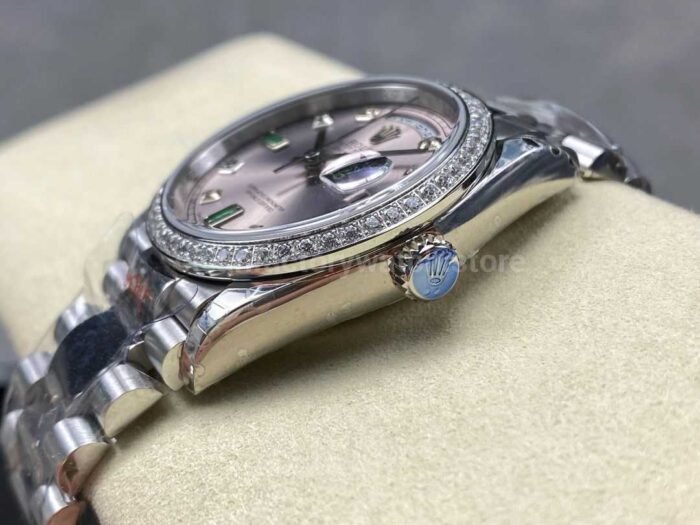 8+ Factory Counterweight Rolex Day-Date 118346-0084 36mm Diamond White Gold Bezel Full White Gold Diamond Mope Baguette Diamond Pink Dial - Image 6