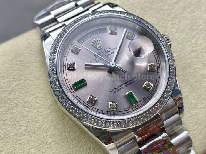 8+ Factory Counterweight Rolex Day-Date 118346-0084 36mm Diamond White Gold Bezel Full White Gold Diamond Mope Baguette Diamond Pink Dial - Image 2