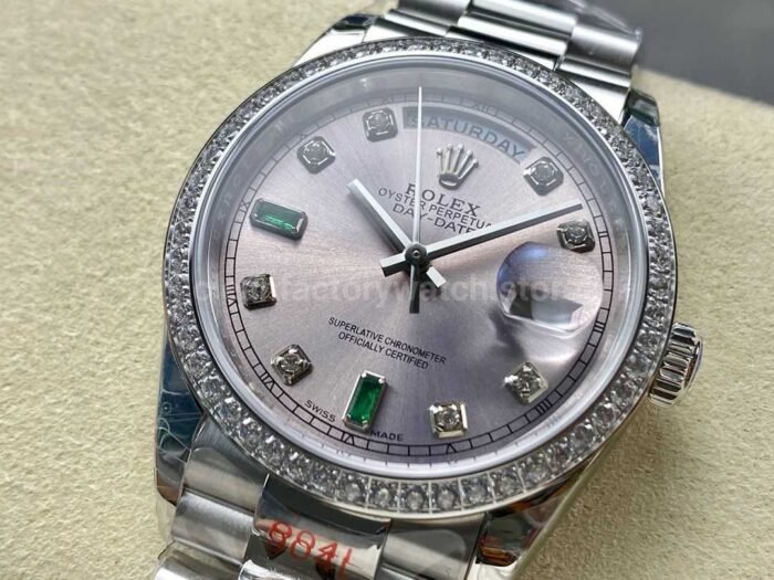 8+ Factory Counterweight Rolex Day-Date 118346-0084 36mm Diamond White Gold Bezel Full White Gold Diamond Mope Baguette Diamond Pink Dial - Image 3