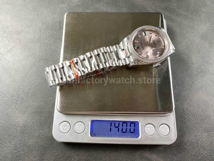 8+ Factory Counterweight Rolex Day-Date 118346-0084 36mm Diamond White Gold Bezel Full White Gold Diamond Mope Baguette Diamond Pink Dial - Image 9