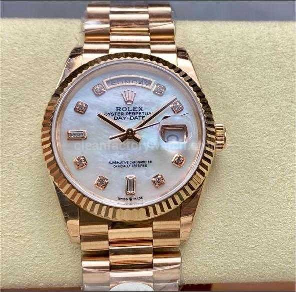 8+ Factory Counterweight Rolex Day-Date 128235-0029 36mm Full Rose Gold Diamond Mope Baguette Diamond Mother Of Pearl Dial