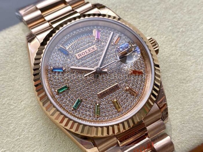 8+ Factory Counterweight Rolex Day-Date 128235-0039 36mm Full Rose Gold Baguette Diamond Rose Gold Dial - Image 2