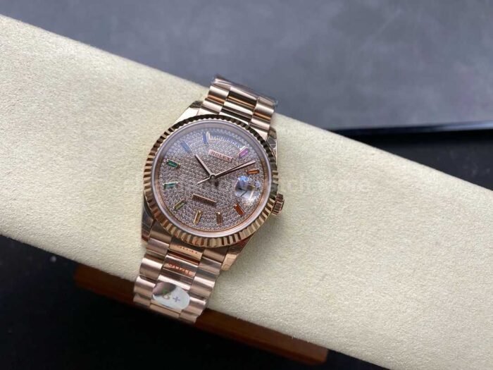 8+ Factory Counterweight Rolex Day-Date 128235-0039 36mm Full Rose Gold Baguette Diamond Rose Gold Dial - Image 4