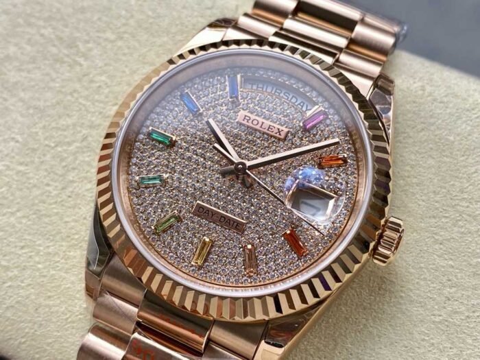 8+ Factory Counterweight Rolex Day-Date 128235-0039 36mm Full Rose Gold Baguette Diamond Rose Gold Dial - Image 3