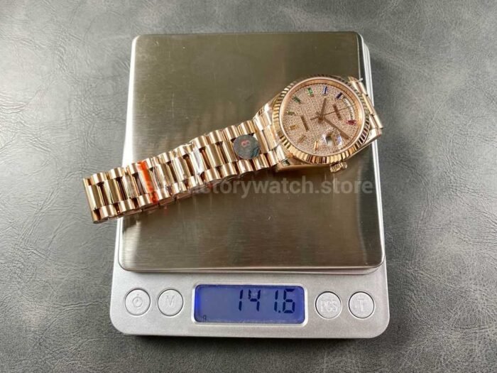 8+ Factory Counterweight Rolex Day-Date 128235-0039 36mm Full Rose Gold Baguette Diamond Rose Gold Dial - Image 9