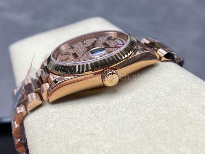 8+ Factory Counterweight Rolex Day-Date 128235-0039 36mm Full Rose Gold Baguette Diamond Rose Gold Dial - Image 6