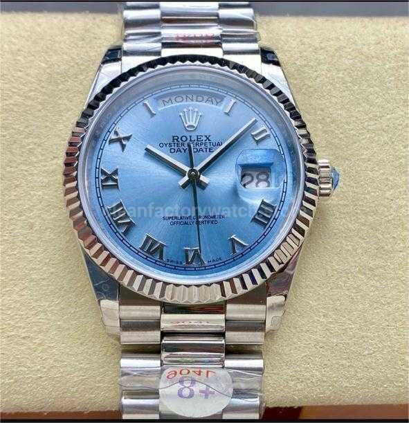 8+ Factory Counterweight Rolex Day-Date 128236-0008 36mm Full Platinum Roman Numerals Ice Blue Dial