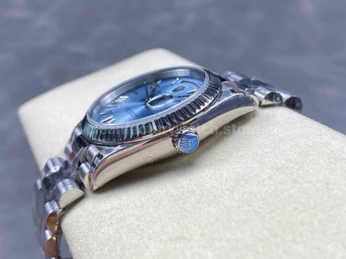 8+ Factory Counterweight Rolex Day-Date 128236-0018 36mm Full Platinum Roman Numerals Ice Blue Dial - Image 6