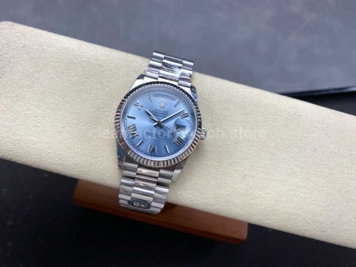 8+ Factory Counterweight Rolex Day-Date 128236-0018 36mm Full Platinum Roman Numerals Ice Blue Dial - Image 4