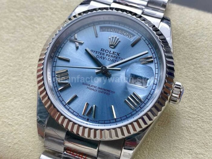 8+ Factory Counterweight Rolex Day-Date 128236-0018 36mm Full Platinum Roman Numerals Ice Blue Dial - Image 3