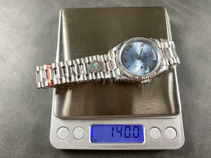 8+ Factory Counterweight Rolex Day-Date 128236-0018 36mm Full Platinum Roman Numerals Ice Blue Dial - Image 9