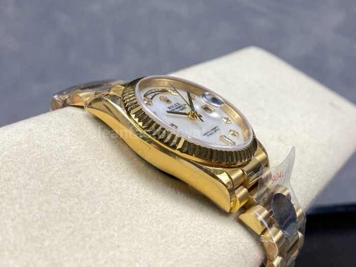 8+ Factory Counterweight Rolex Day-Date 128238-0011 36mm Full Yellow Gold Diamond Mope Baguette Diamond Mother Of Pearl Dial - Image 5
