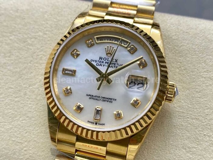 8+ Factory Counterweight Rolex Day-Date 128238-0011 36mm Full Yellow Gold Diamond Mope Baguette Diamond Mother Of Pearl Dial - Image 3