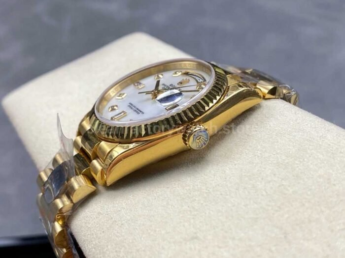 8+ Factory Counterweight Rolex Day-Date 128238-0011 36mm Full Yellow Gold Diamond Mope Baguette Diamond Mother Of Pearl Dial - Image 6