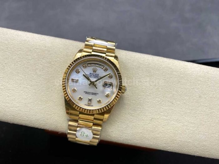 8+ Factory Counterweight Rolex Day-Date 128238-0011 36mm Full Yellow Gold Diamond Mope Baguette Diamond Mother Of Pearl Dial - Image 4