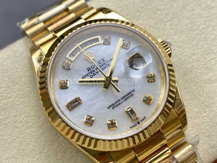 8+ Factory Counterweight Rolex Day-Date 128238-0011 36mm Full Yellow Gold Diamond Mope Baguette Diamond Mother Of Pearl Dial - Image 2