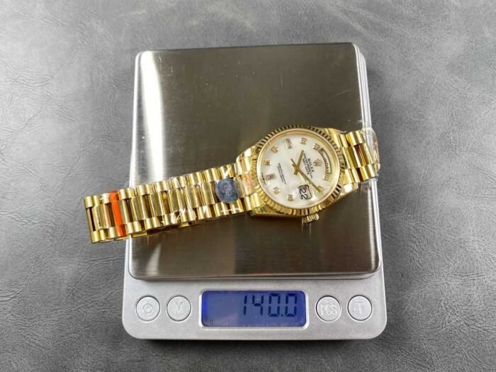 8+ Factory Counterweight Rolex Day-Date 128238-0011 36mm Full Yellow Gold Diamond Mope Baguette Diamond Mother Of Pearl Dial - Image 9