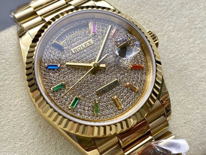 8+ Factory Counterweight Rolex Day-Date 128238-0051 36mm Full Yellow Gold Baguette Diamond Yellow Gold Dial - Image 2