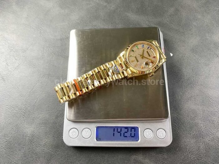 8+ Factory Counterweight Rolex Day-Date 128238-0051 36mm Full Yellow Gold Baguette Diamond Yellow Gold Dial - Image 9